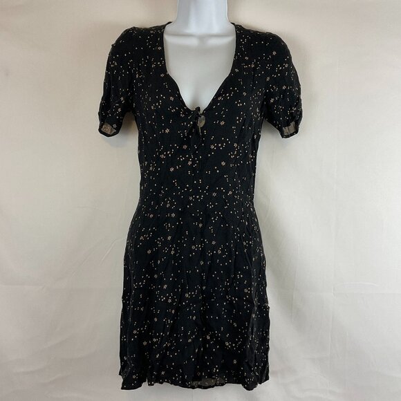 Reformation Mini Dress 4 Black Light Pink Star Print Short Sleeve Tie Detail - Picture 1 of 11
